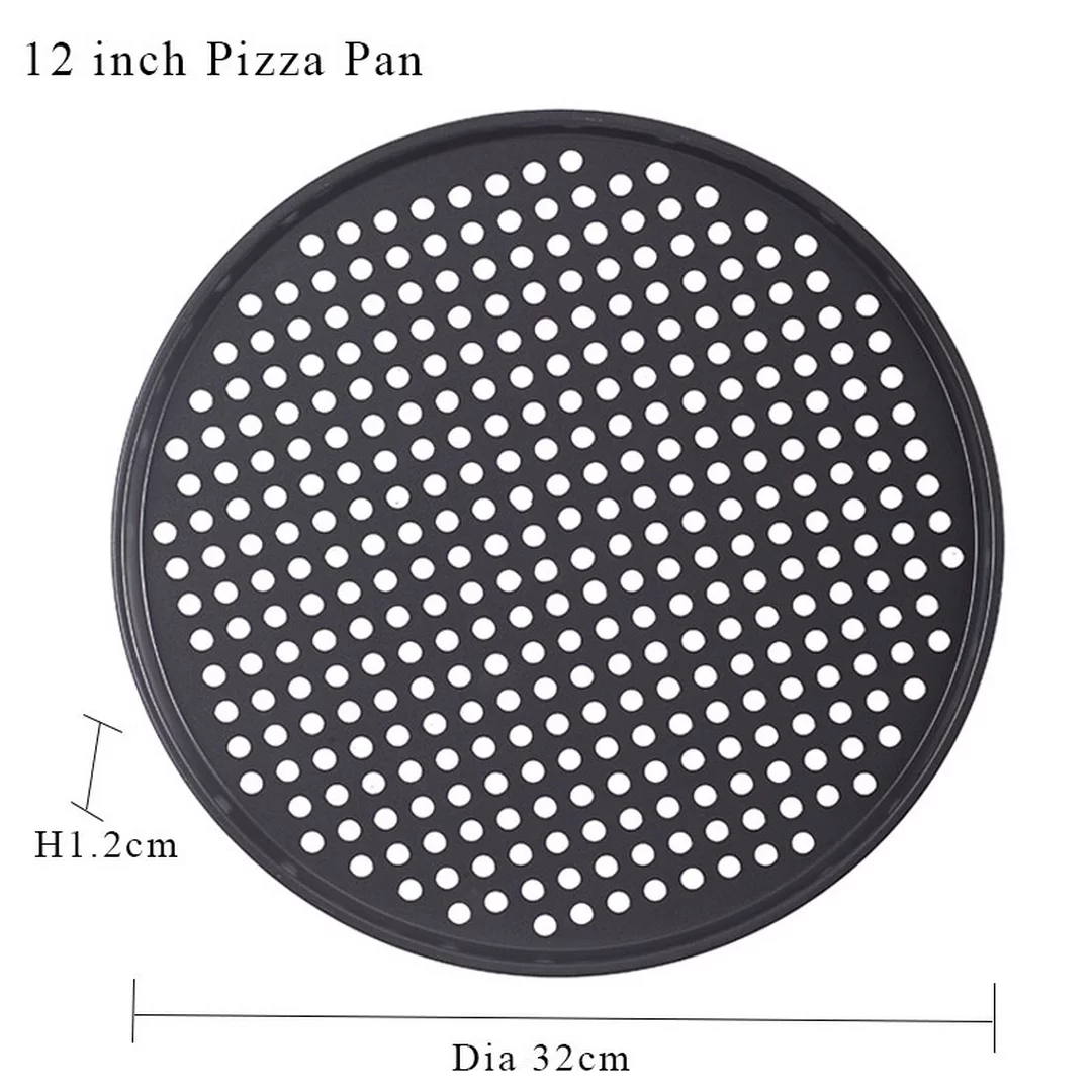 A 12-inch pizza Pan with holes 1.2 cm high and 32cm Diameter